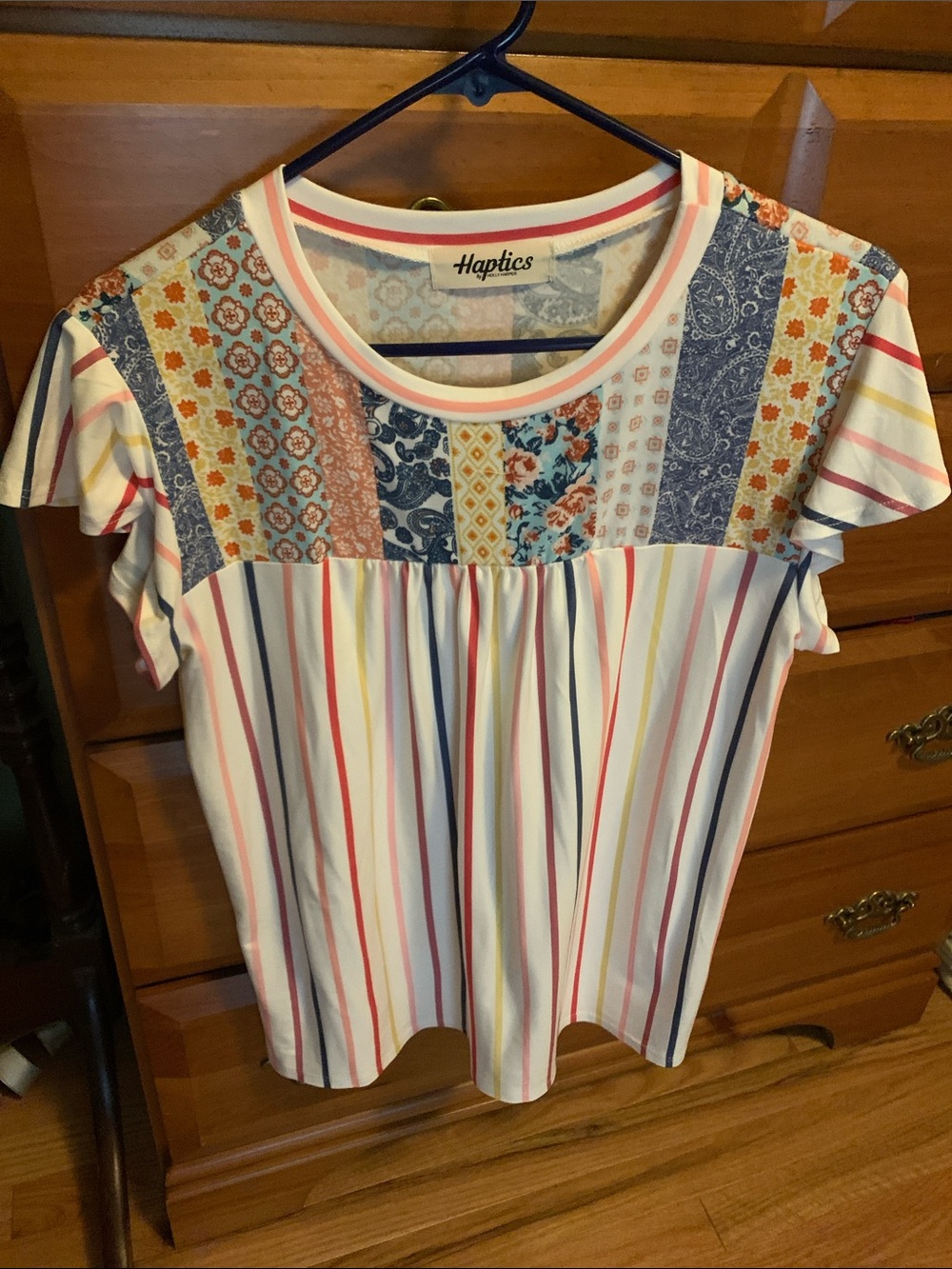 Haptics Women's Striped Patchwork Short Sleeve Tee - Multicolor